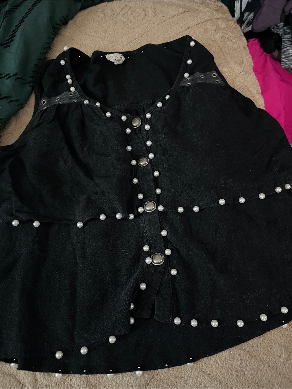 POL Black Pearl-Trim Studded Peplum Top